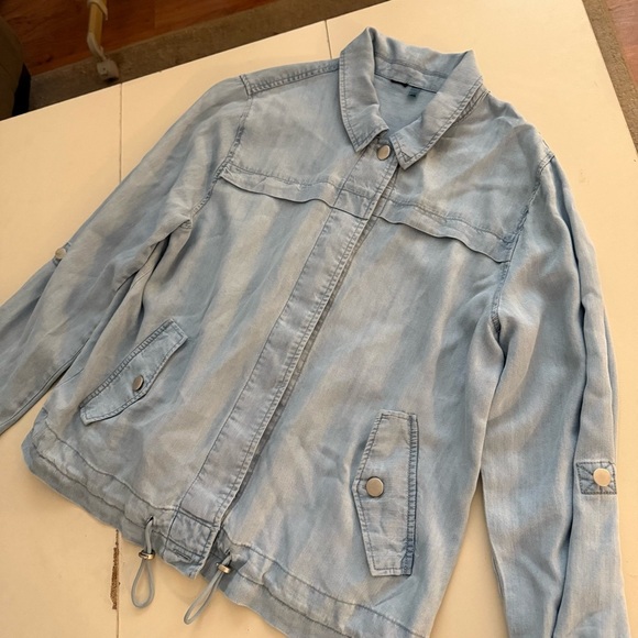 Light Blue Denim Lyocell Tencel Utility Lightweight Shacket Safari Jacket Top - Picture 5 of 5